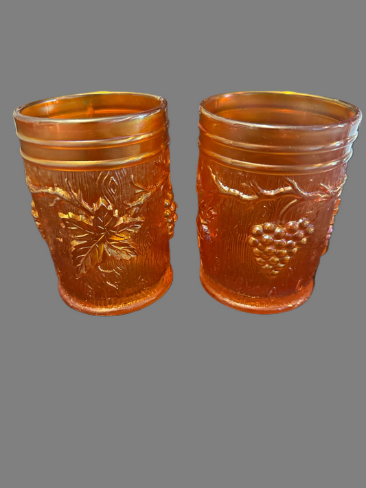 Pair of Antique Dugan Marigold Carnival Glass "Vineyard" Tumblers 4" Tall