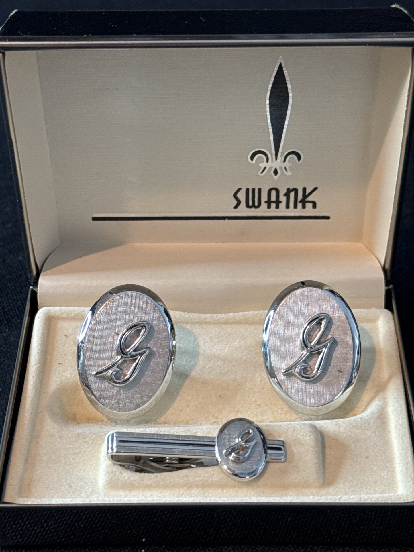 G Monogram Swank Cuff Links and Tie Tack In Case