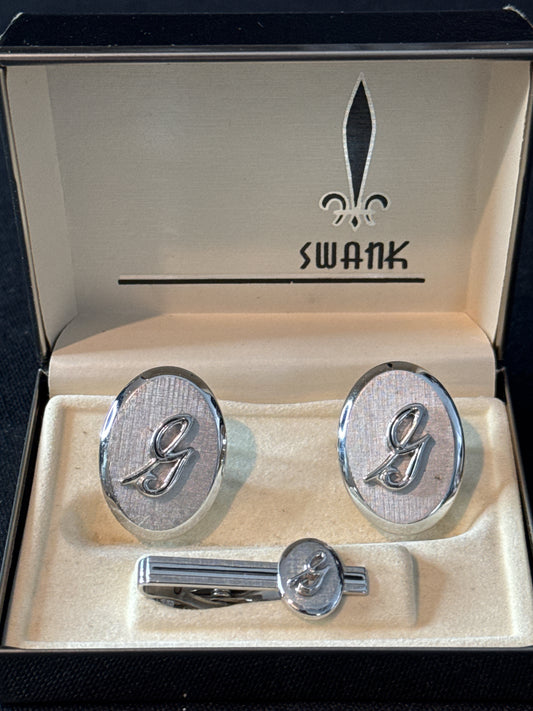 G Monogram Swank Cuff Links and Tie Tack In Case