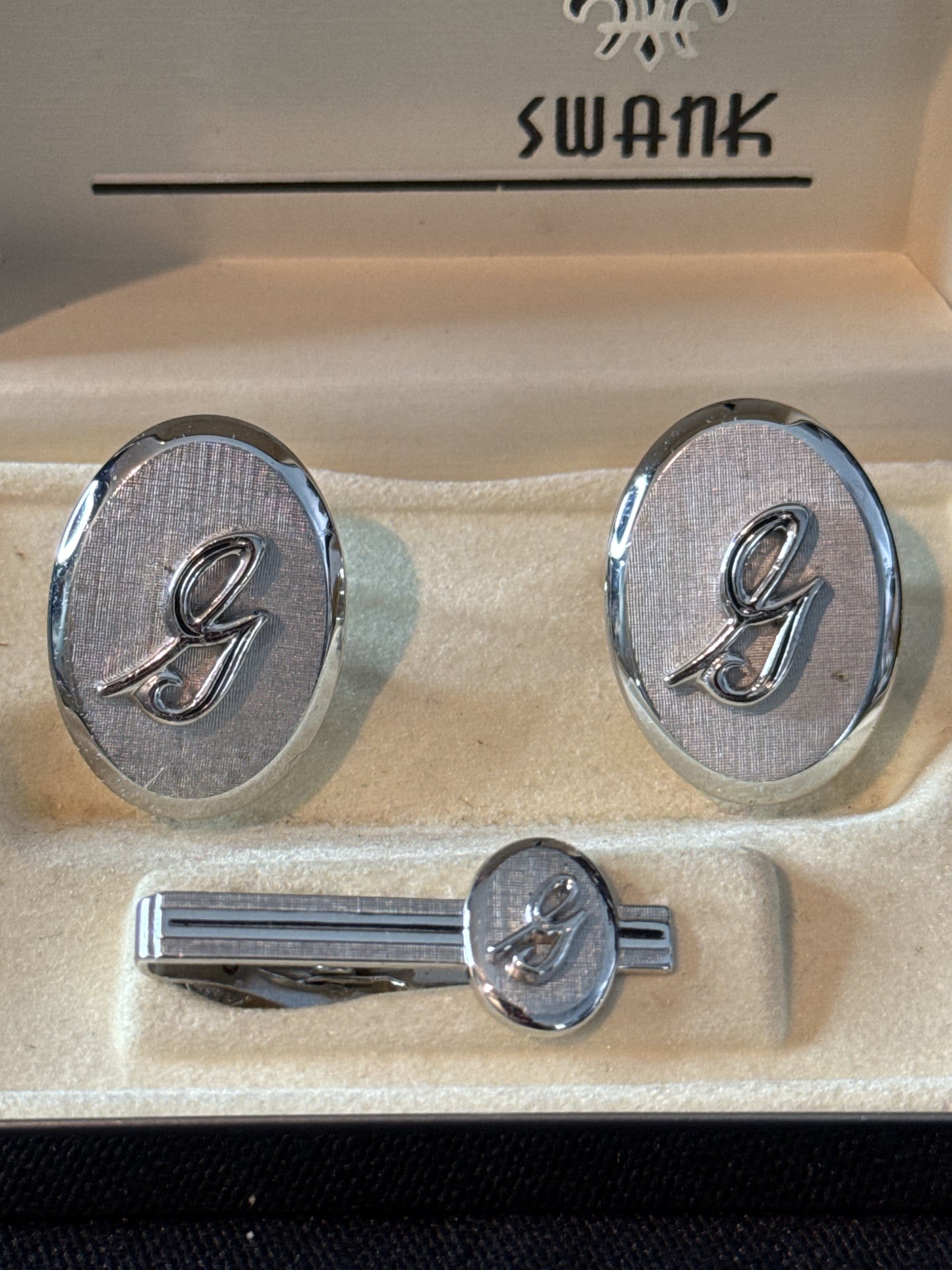 G Monogram Swank Cuff Links and Tie Tack In Case