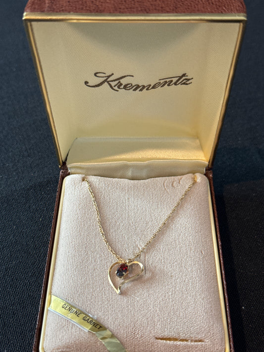 Vintage Krementz Garnet Pendent W/ Gold Chain In Case