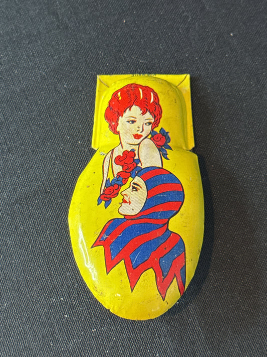 Vintage Kirchhof Clicker Tin Noise Maker Jester & Woman 4" Tall x 2" Wide