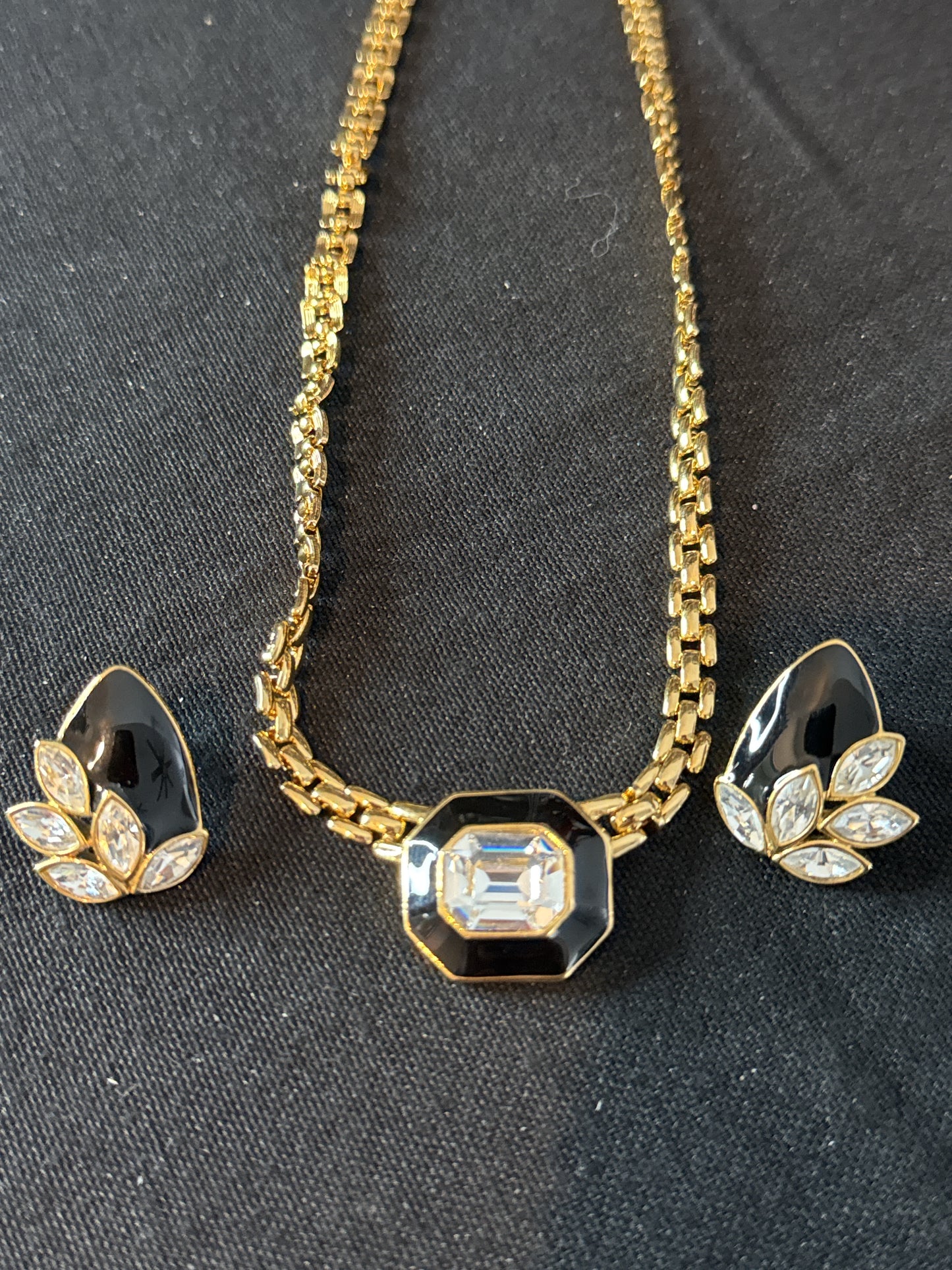 Trifari Black Enamel Crystal Gold Tone Necklace and Earrings Costume Jewelry