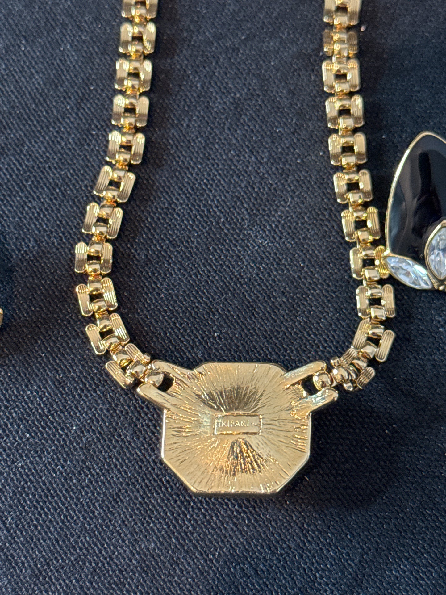 Trifari Black Enamel Crystal Gold Tone Necklace and Earrings Costume Jewelry