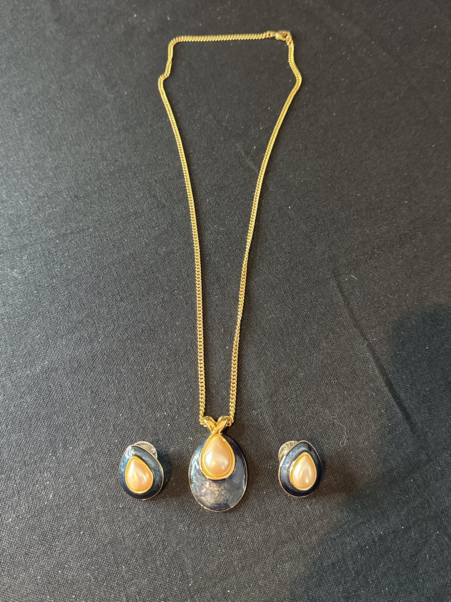Monet Statement Necklace and Earrings Blue Green Color Gold Tone Chain Costume Jewelry