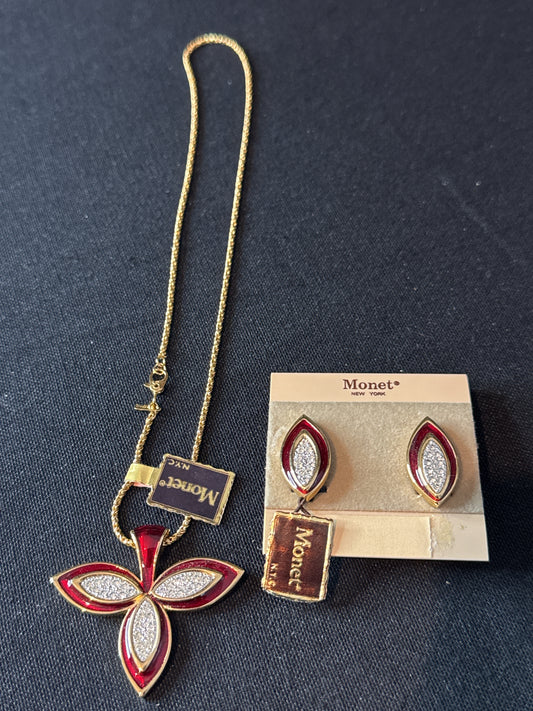 Vintage Signed Monet Goldtone Red Enamel Rhinestones Necklace and Earrings Non Pierced