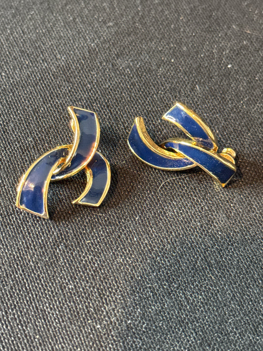 Vintage Monet Blue Enamel Earrings Gold Tone Pierced