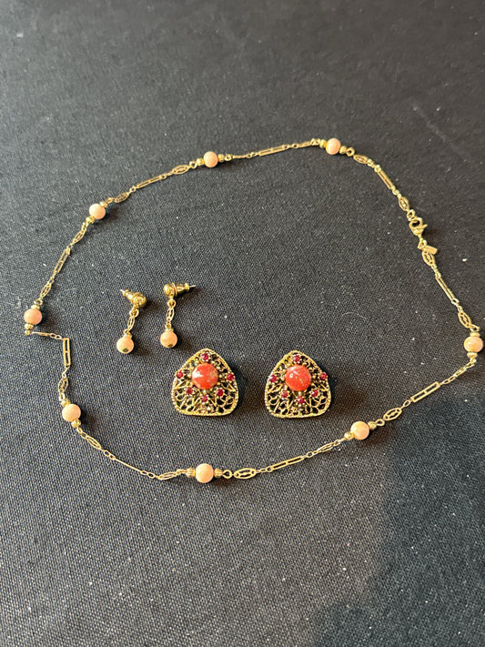 Costume Jewelry Pair of Non Pierced Earrings Garnet Color Gem & Coral Dangle Earrings & Necklace