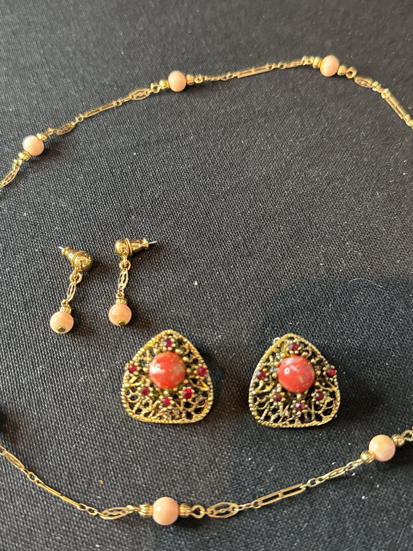 Costume Jewelry Pair of Non Pierced Earrings Garnet Color Gem & Coral Dangle Earrings & Necklace
