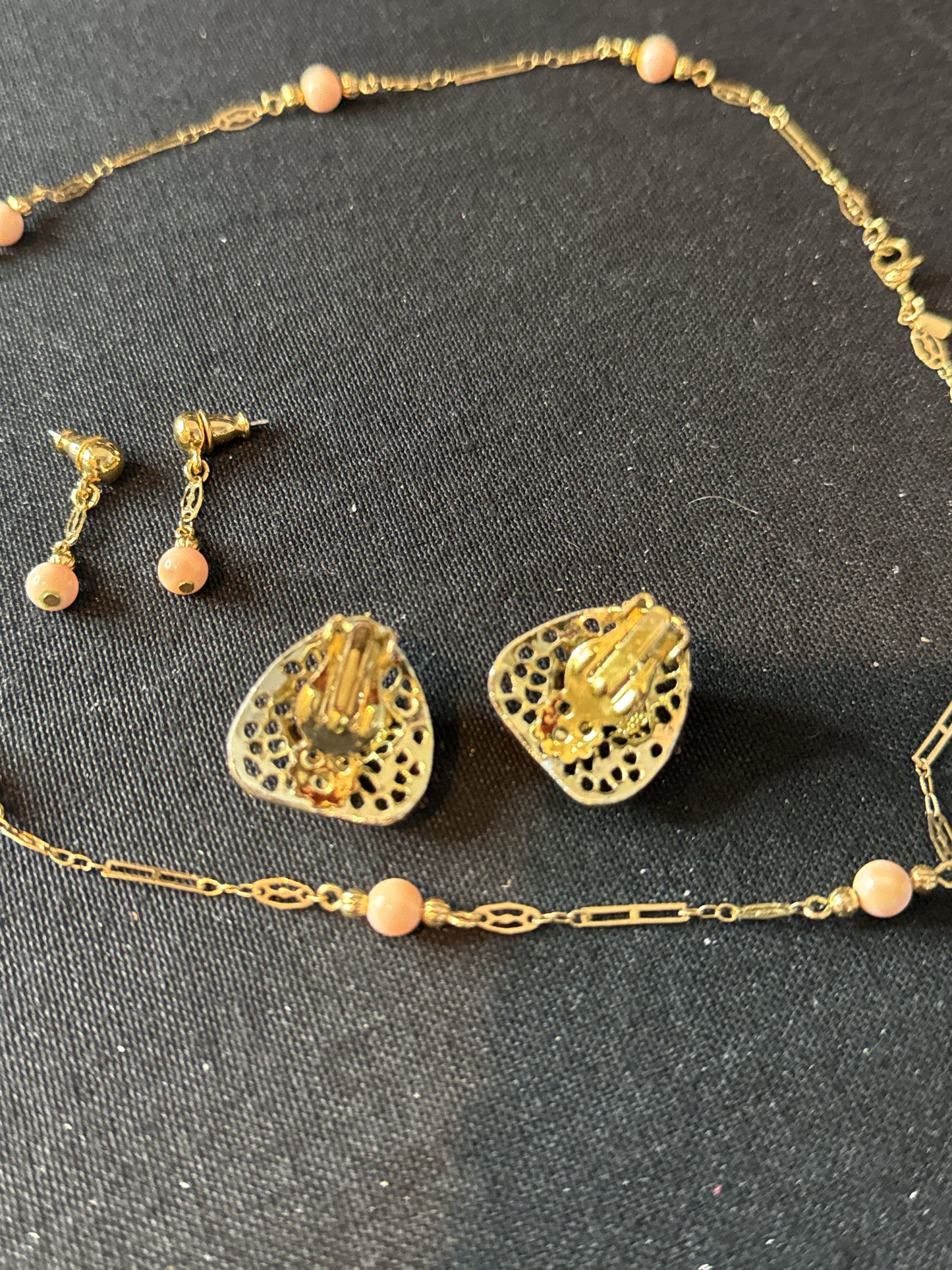Costume Jewelry Pair of Non Pierced Earrings Garnet Color Gem & Coral Dangle Earrings & Necklace