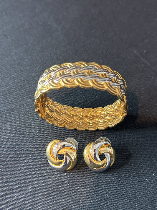 Vintage Gold and Silver Toned Hinged Bangle Bracelet w/ Braided Design and Earrings