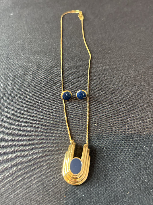 Vintage Monet Gold Tone Blue Enamel Pendant Necklace and Pierced Earrings