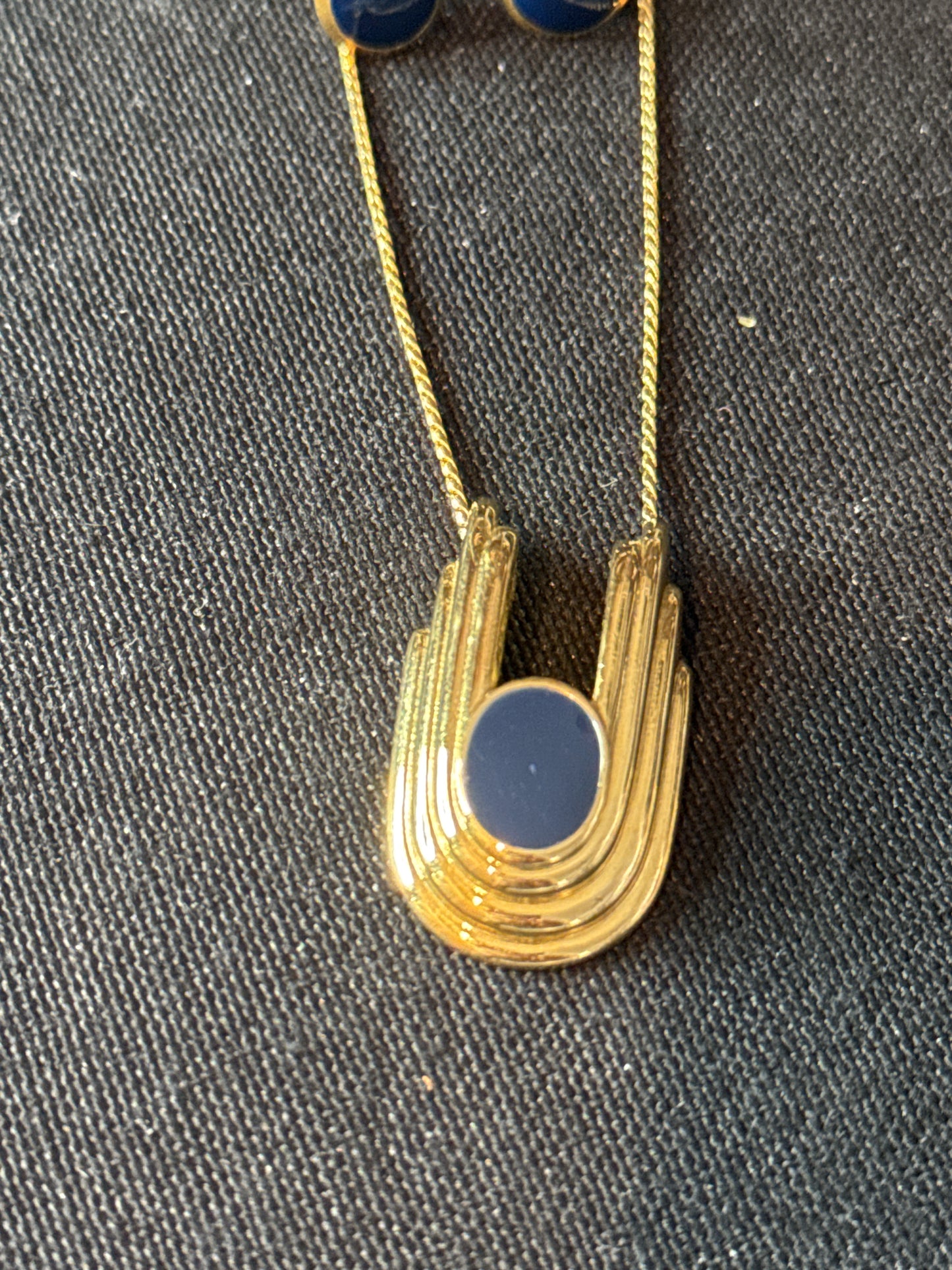 Vintage Monet Gold Tone Blue Enamel Pendant Necklace and Pierced Earrings