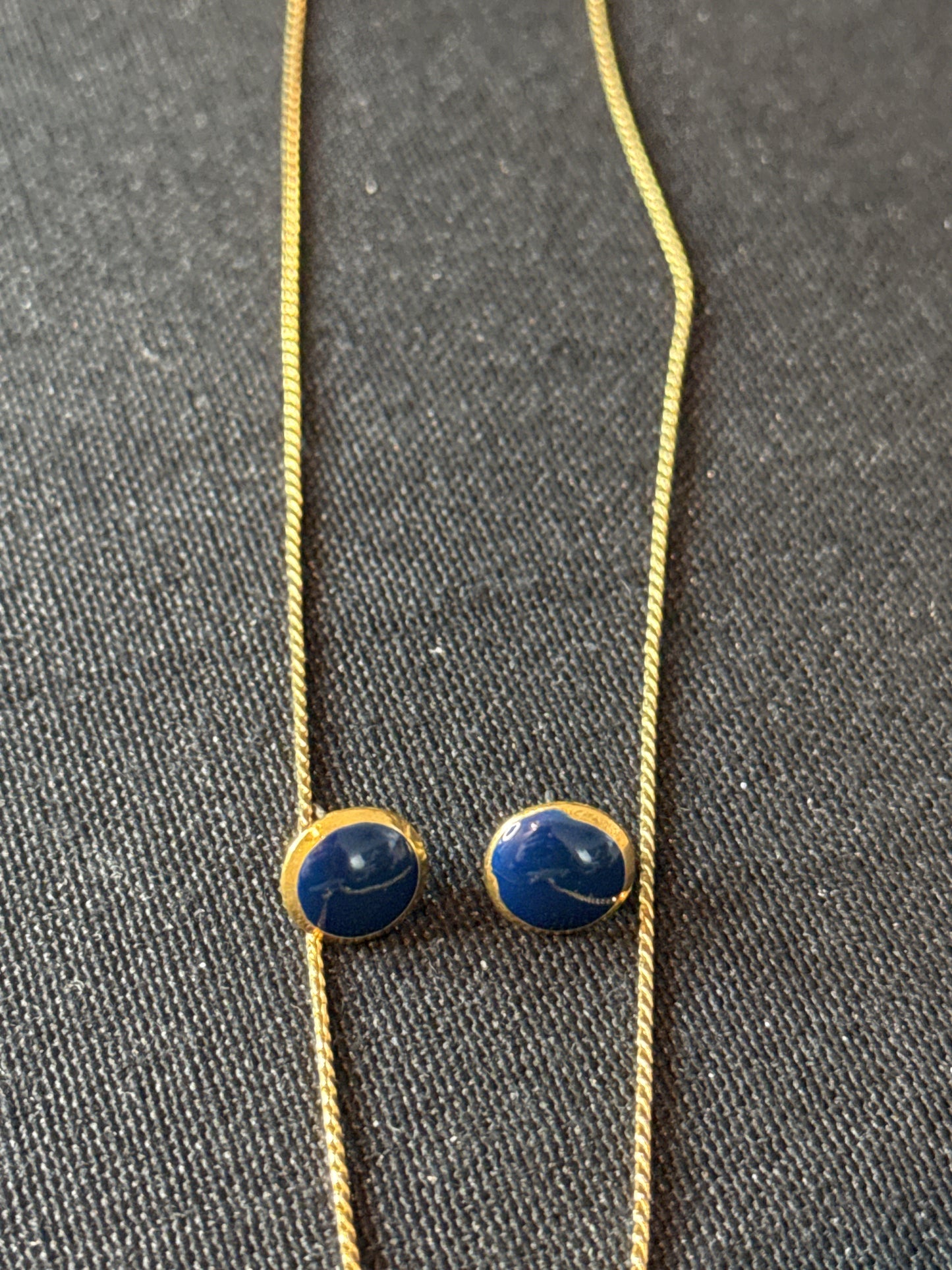 Vintage Monet Gold Tone Blue Enamel Pendant Necklace and Pierced Earrings
