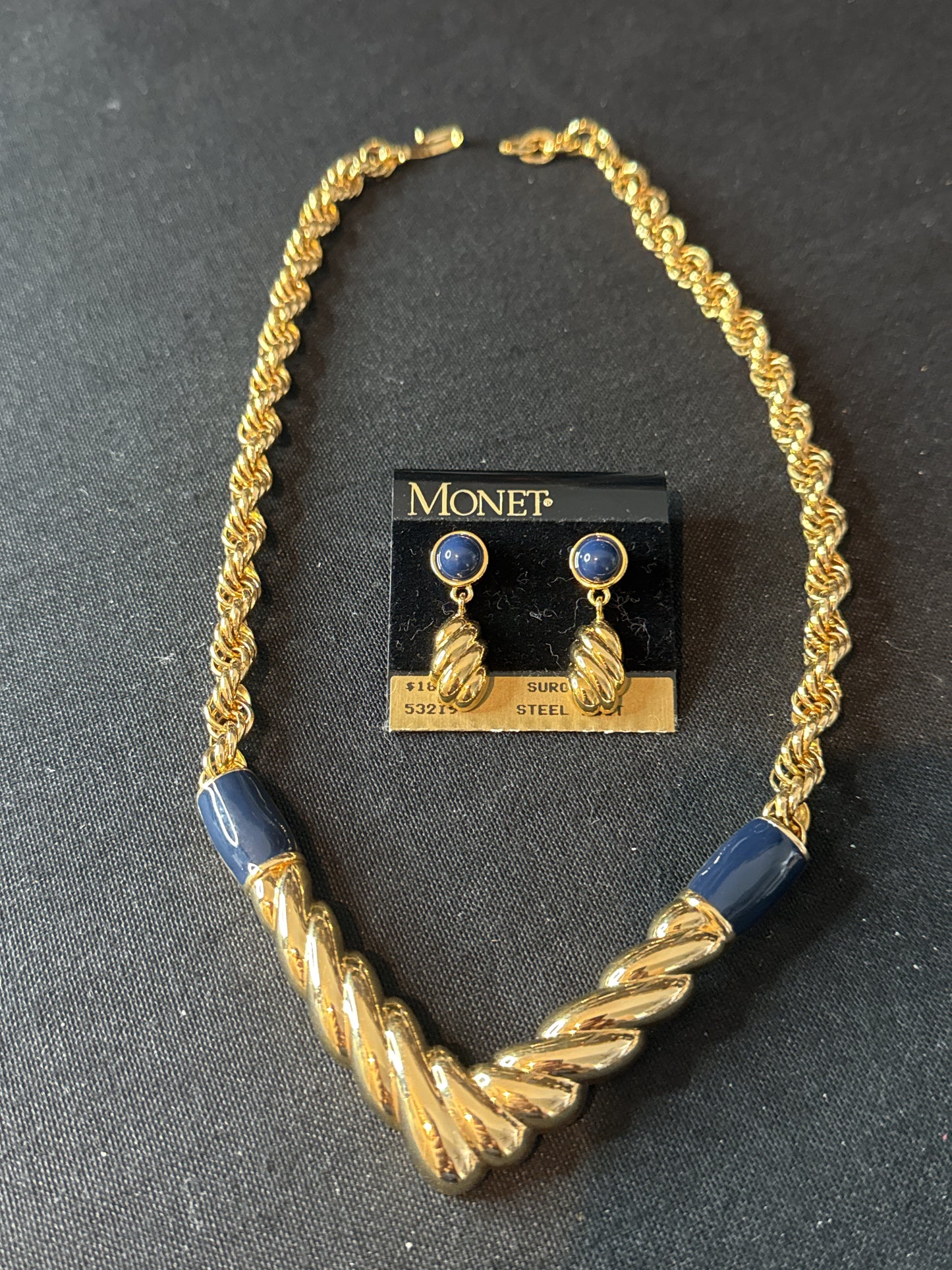 Monet Vintage Necklace V-Shape Rope Chain, Navy Blue Enamel & Earrings Surgical Steel Posts