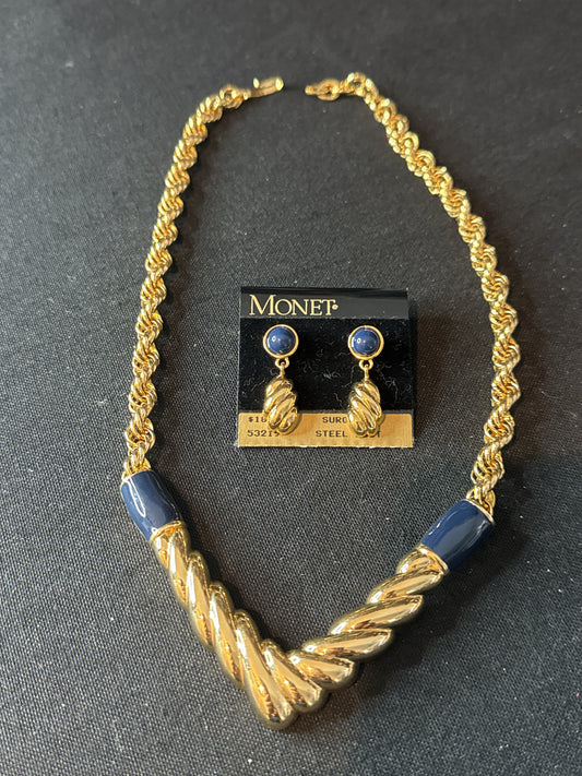 Monet Vintage Necklace V-Shape Rope Chain, Navy Blue Enamel & Earrings Surgical Steel Posts