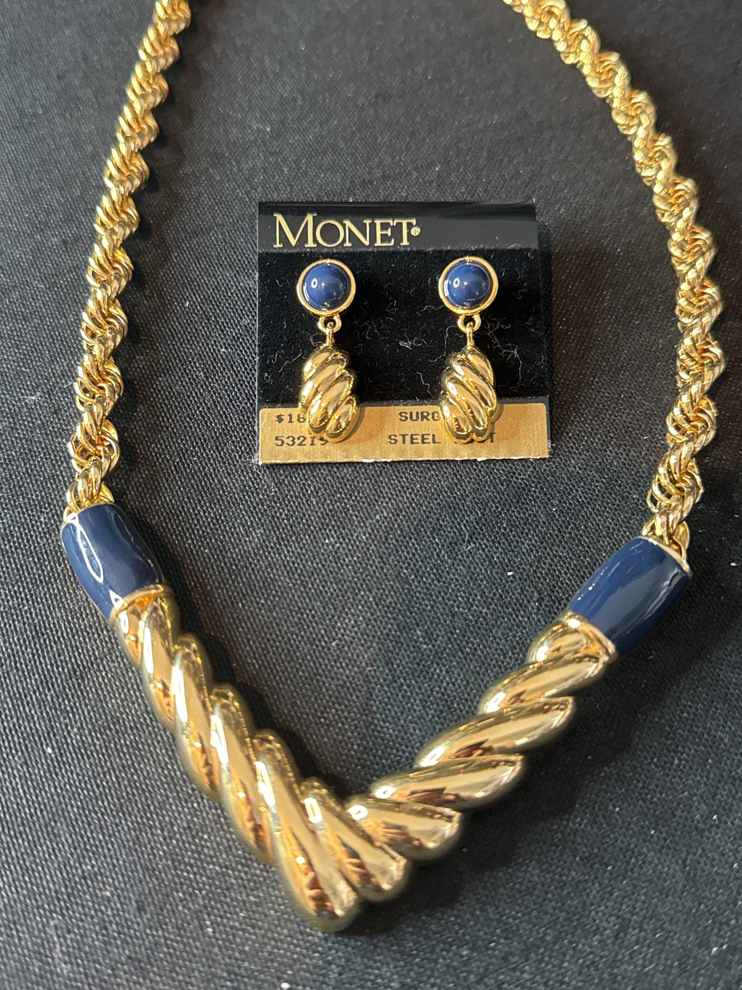 Monet Vintage Necklace V-Shape Rope Chain, Navy Blue Enamel & Earrings Surgical Steel Posts