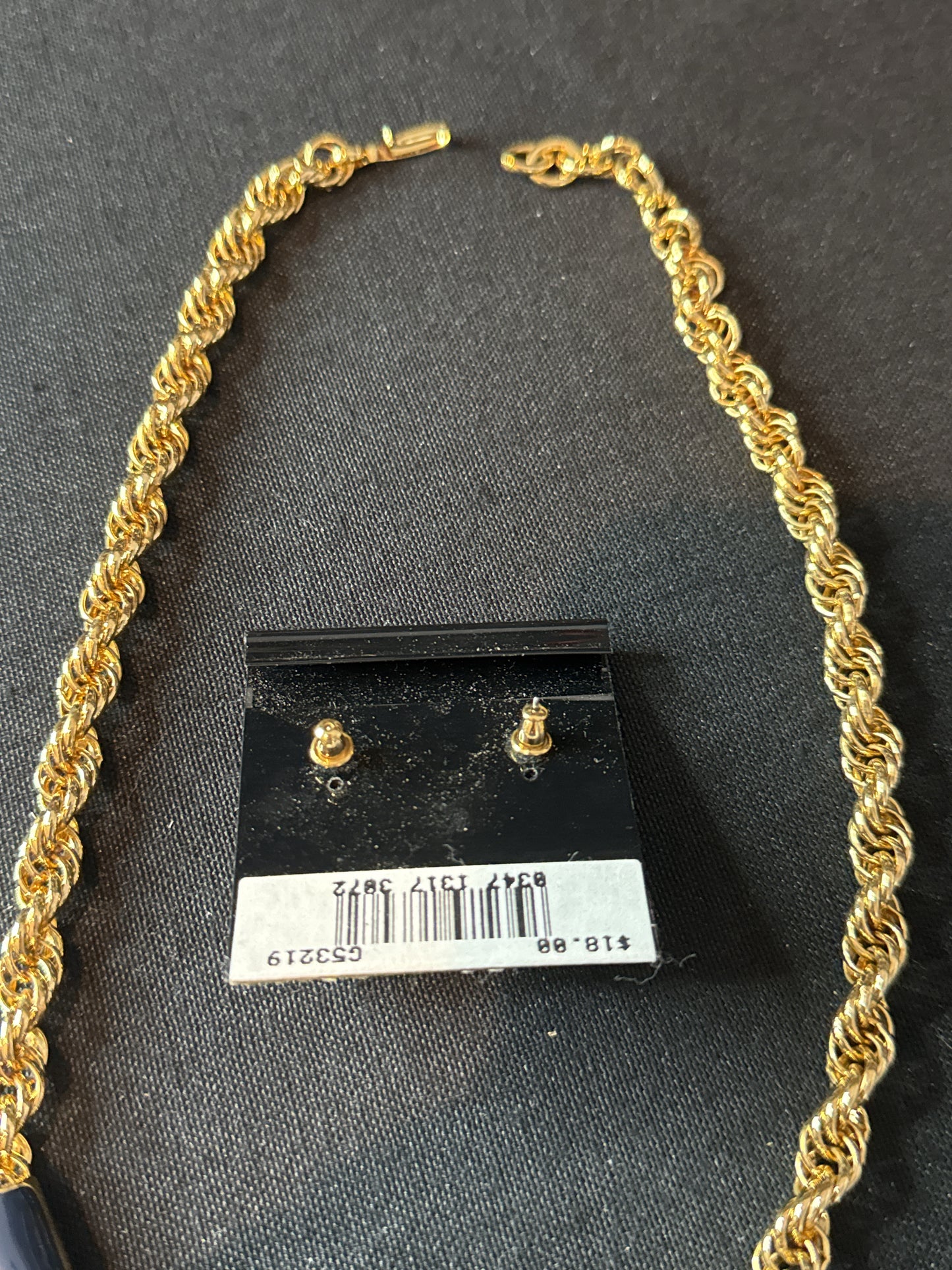 Monet Vintage Necklace V-Shape Rope Chain, Navy Blue Enamel & Earrings Surgical Steel Posts