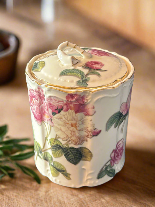 Burton & Burton Storage Jar With Lid Porcelain 6.5" Tall Gold Trim Floral Design