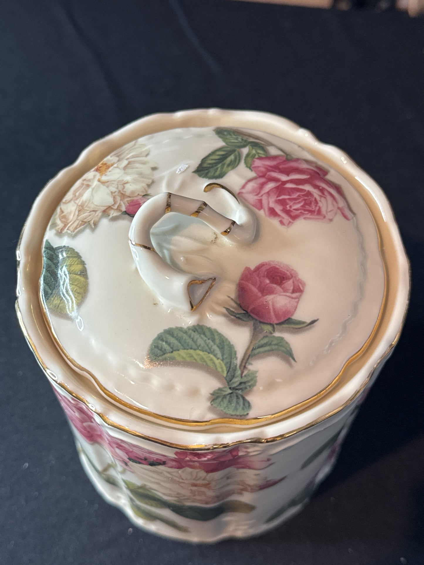 Burton & Burton Storage Jar With Lid Porcelain 6.5" Tall Gold Trim Floral Design