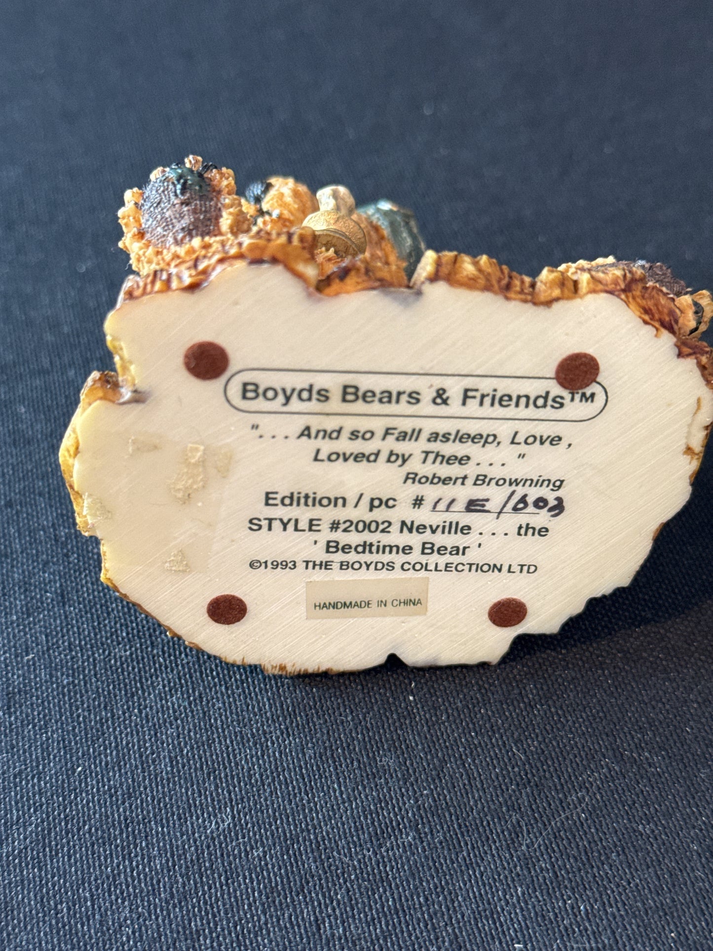 Boyds Bears & Friends Figurine 1993 Neville The Bedtime Bear #2002 Bearstone w/ Box Numbered