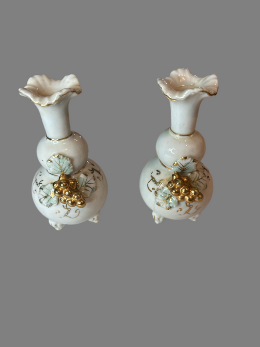 Pair of Vintage Porcelain Small Vases By Enesco Imports Japan 4.75" Tall 3D Gold Grapes