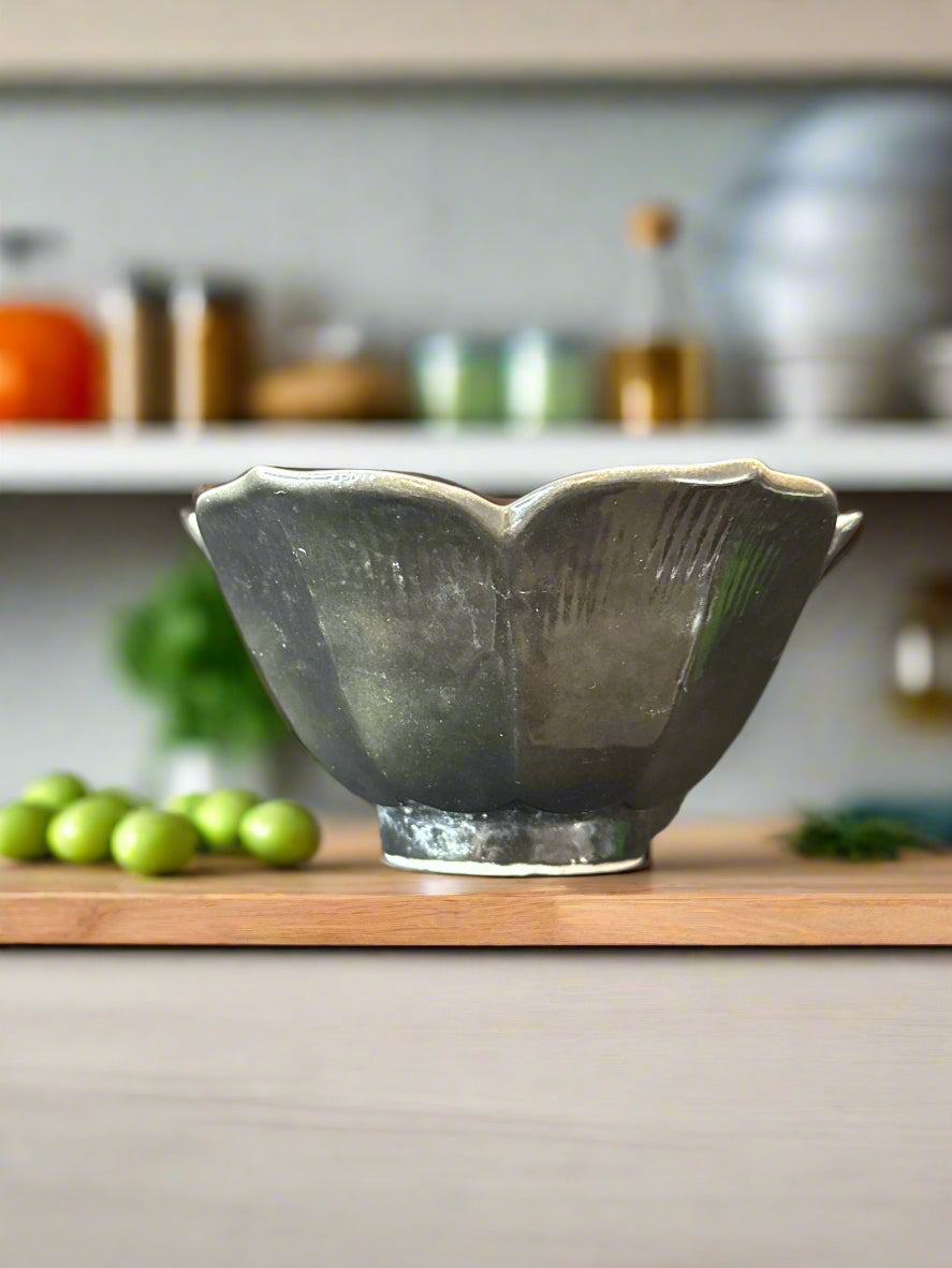 Black Rice Bowl MCM Lotus Shaped Ceramic Made in Japan