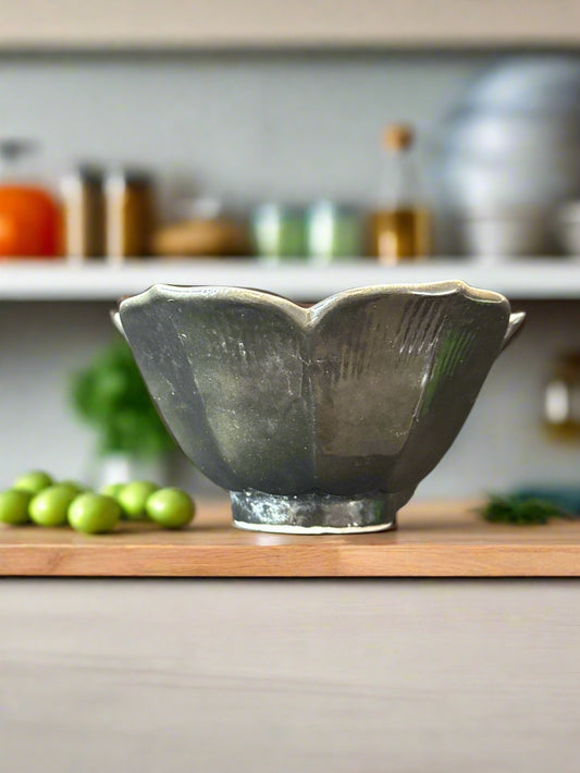 Black Rice Bowl MCM Lotus Shaped Ceramic Made in Japan
