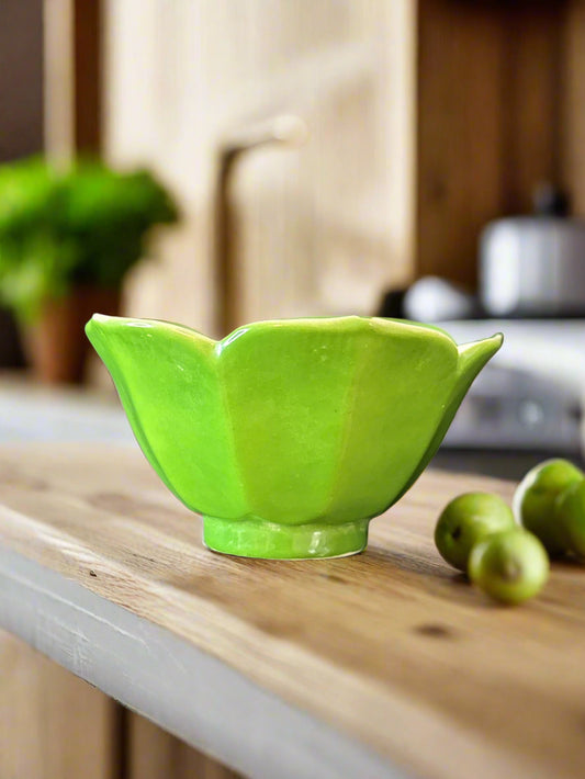 Green Rice Bowl MCM Lotus Shaped Ceramic Made in Japan