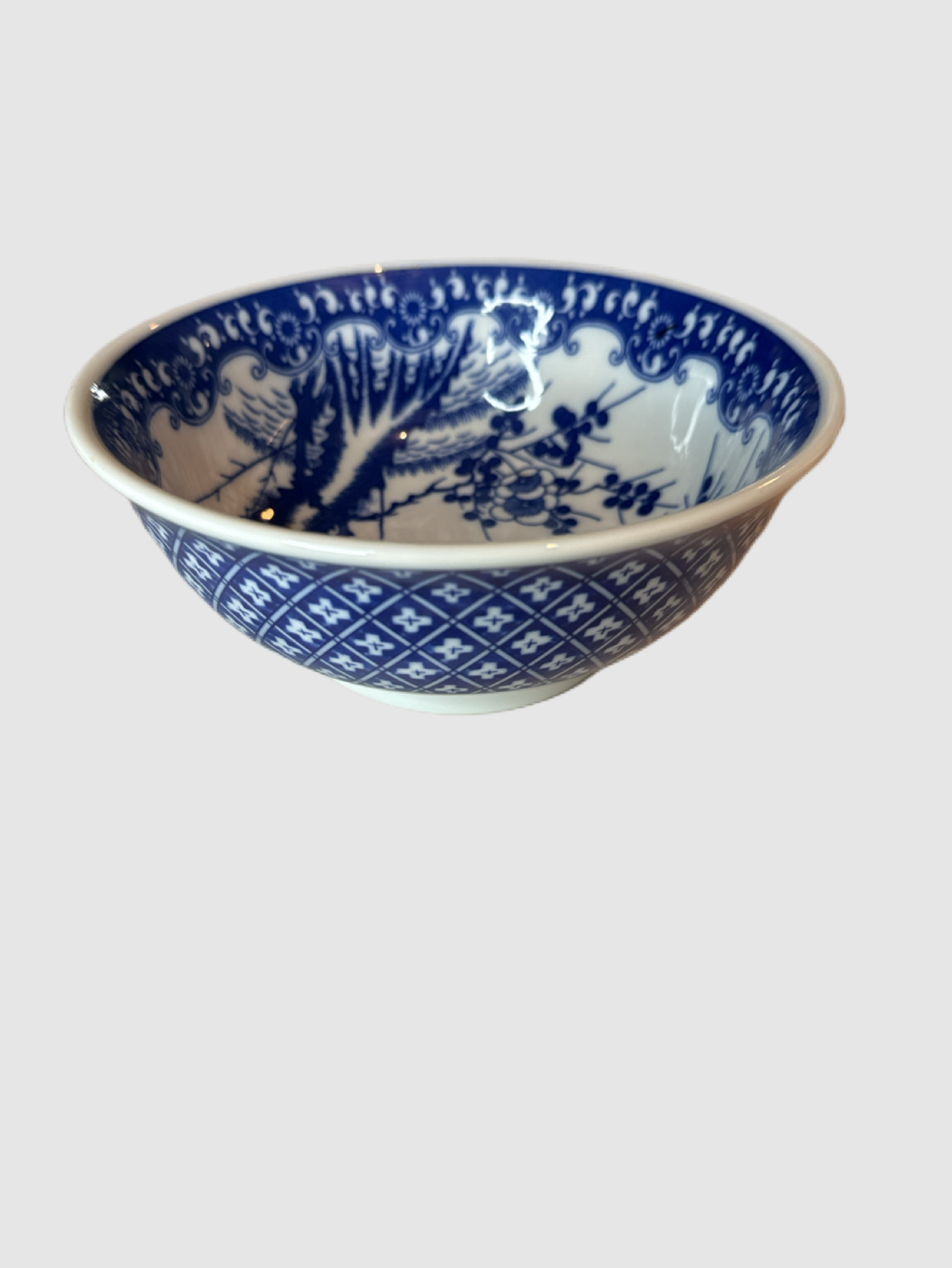 Large Seikatsu Porcelain Japanese Bowl Garden Flowers Blue White 7.25" Wide