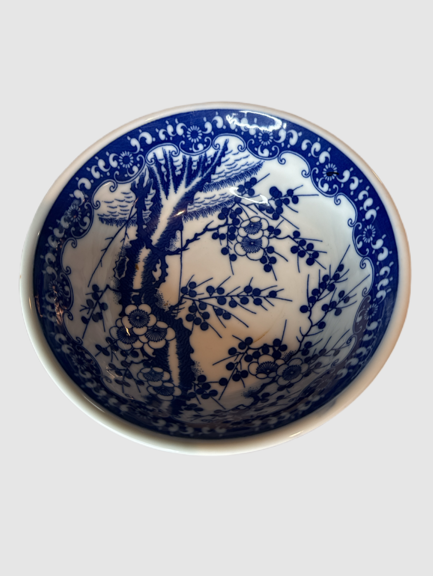 Large Seikatsu Porcelain Japanese Bowl Garden Flowers Blue White 7.25" Wide