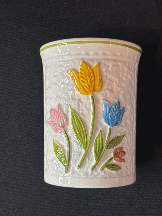 Vintage Ivory w/ Tulips Bathroom Cup from I W Rice & Co. Made in Japan 3.5" Tall x 2.75" W