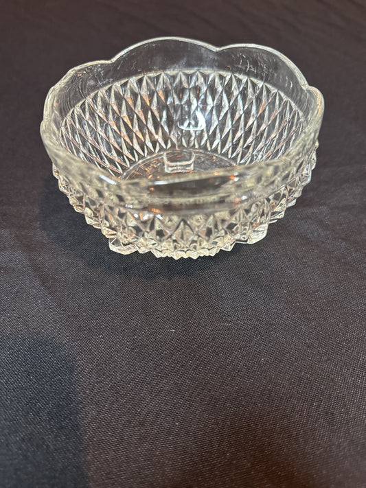 Indiana Glass Diamond Point Crystal 3 Toed Bowl 3.25" High, 5" Diameter Vintage