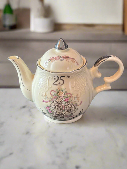 Lefton 25th Anniversary Teapot Bells Ribbons Flowers Embossed Pattern Never Used