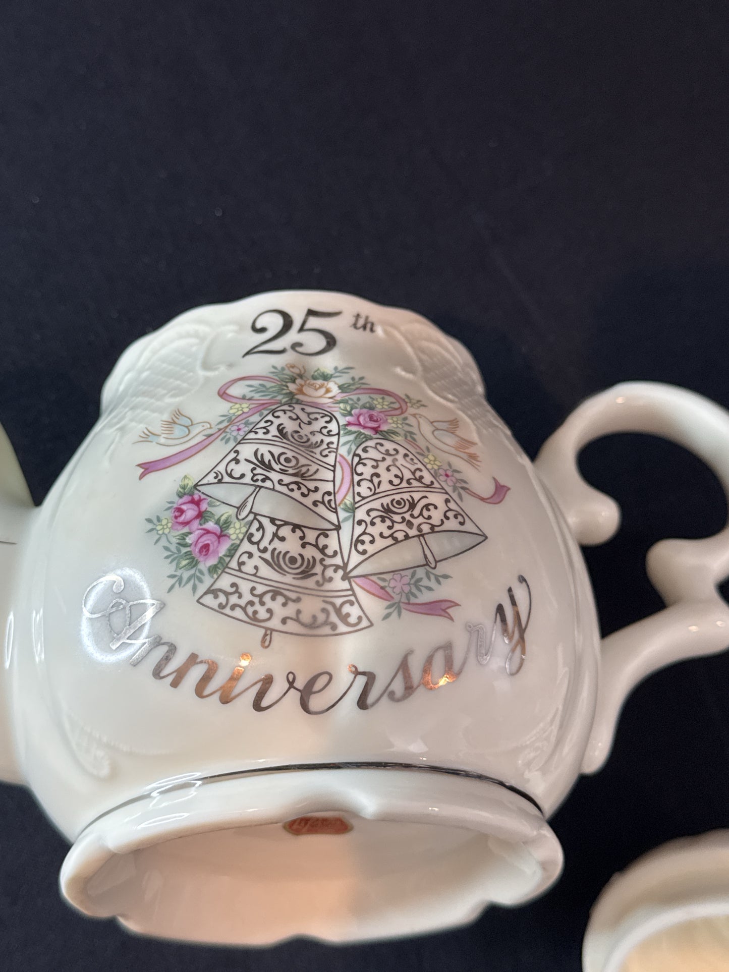 Lefton 25th Anniversary Teapot Bells Ribbons Flowers Embossed Pattern Never Used