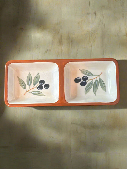 Inspirado Stonelite Clay Ceramic Two Section Olive Serving Dish 8" x 3.25"