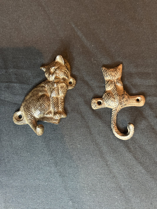 Pair of Cast Iron Cat Hooks for Wall Hanging for Keys Towels Hats 4.25" Tall