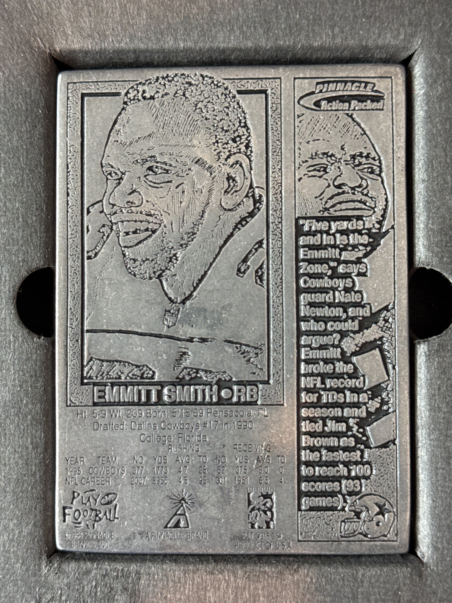 Emmitt Smith Pewter Football Card Double Sided In Box