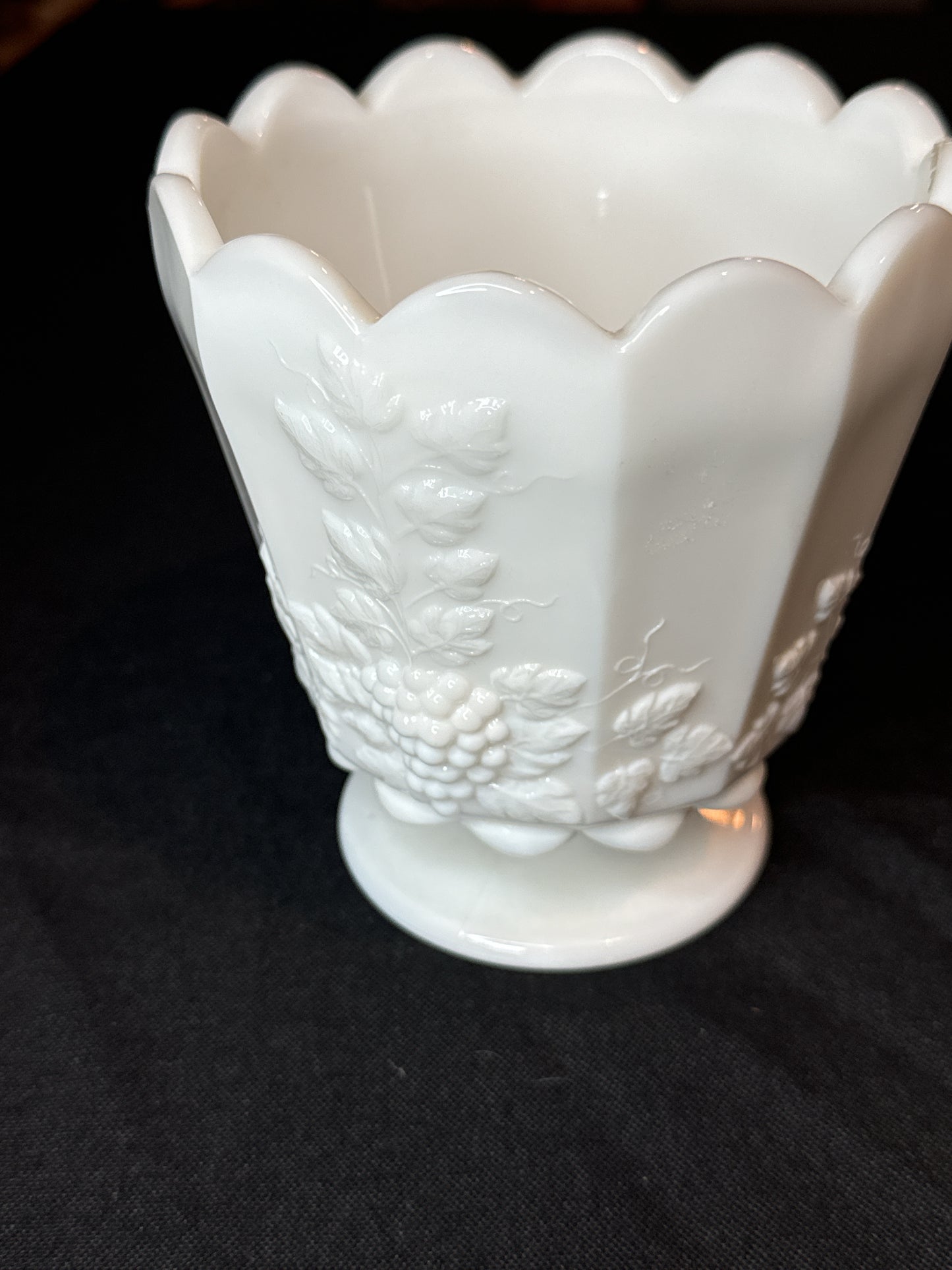 Westmoreland Milk Glass Paneled Grape 5" Footed Straight Medium Jardiniere Vase