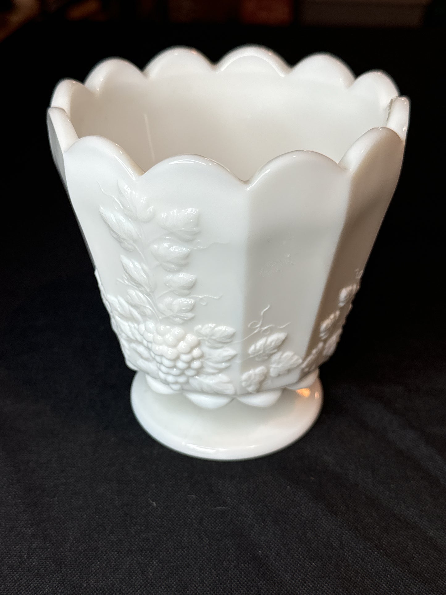 Westmoreland Milk Glass Paneled Grape 5" Footed Straight Medium Jardiniere Vase