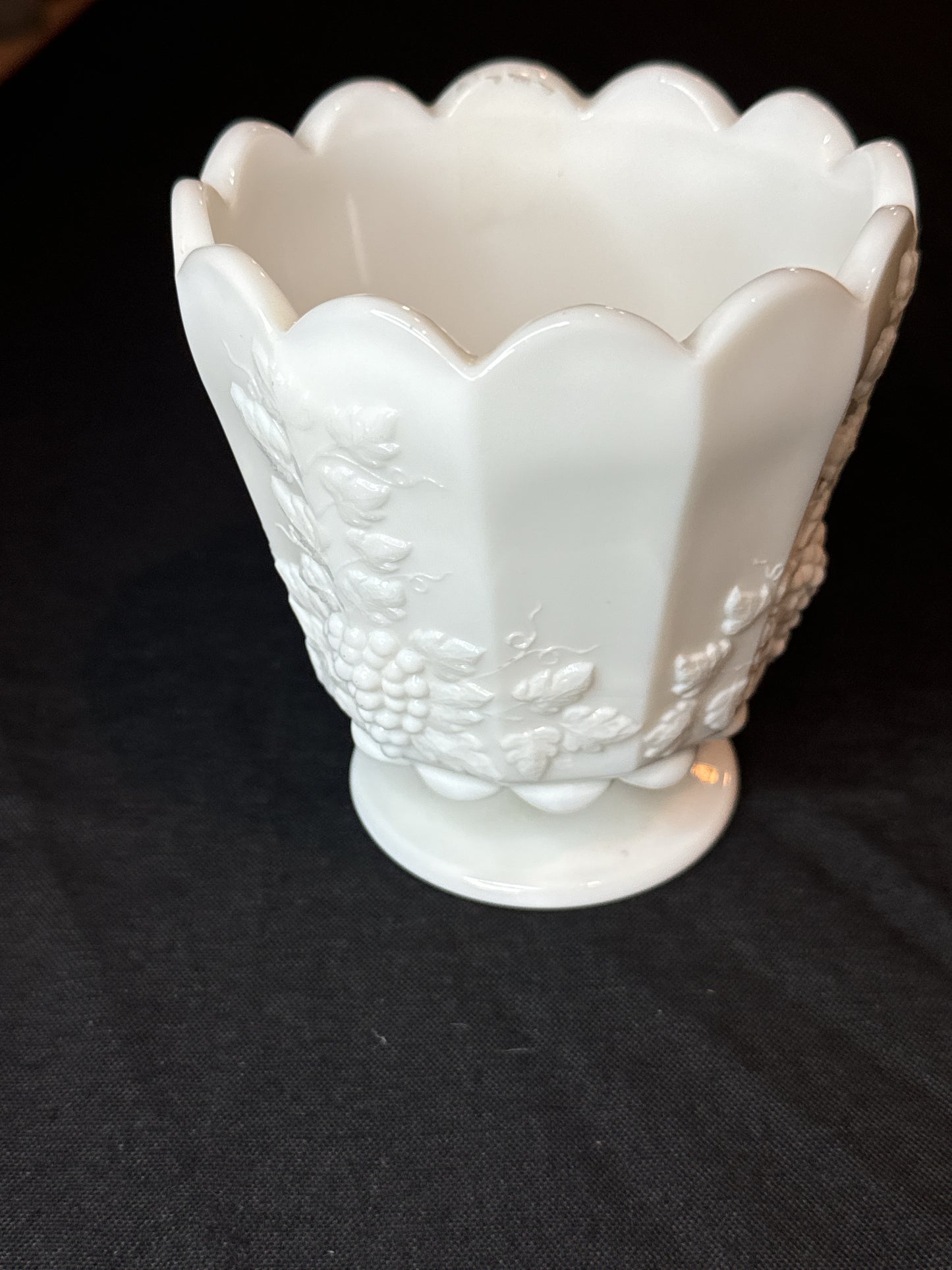 Westmoreland Milk Glass Paneled Grape 5" Footed Straight Medium Jardiniere Vase