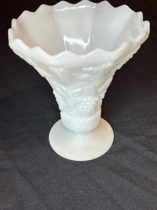 Milk Glass Footed Vase Paneled Grape & Leaf Design 6.25" Tall