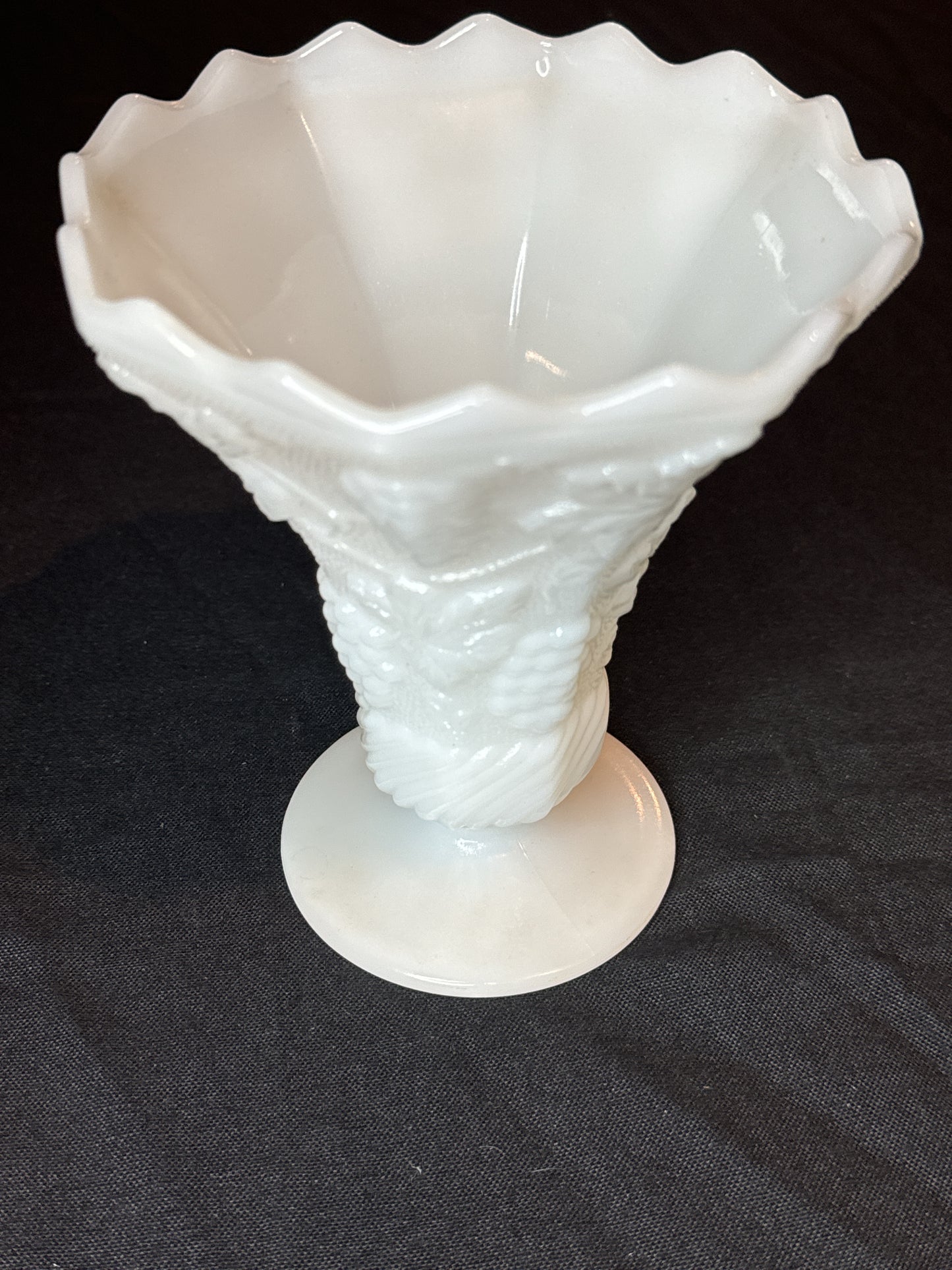 Milk Glass Footed Vase Paneled Grape & Leaf Design 6.25" Tall