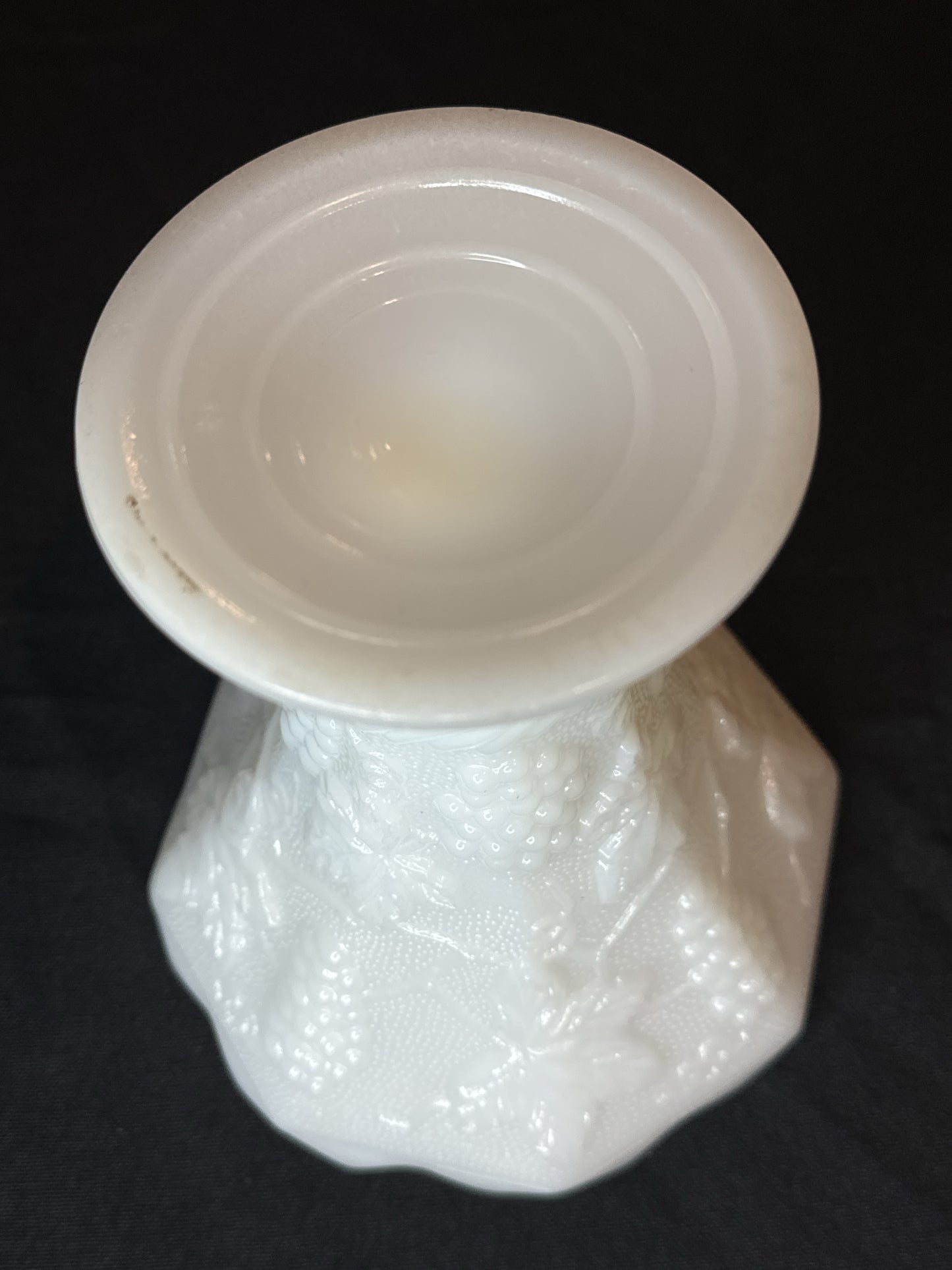 Milk Glass Footed Vase Paneled Grape & Leaf Design 6.25" Tall