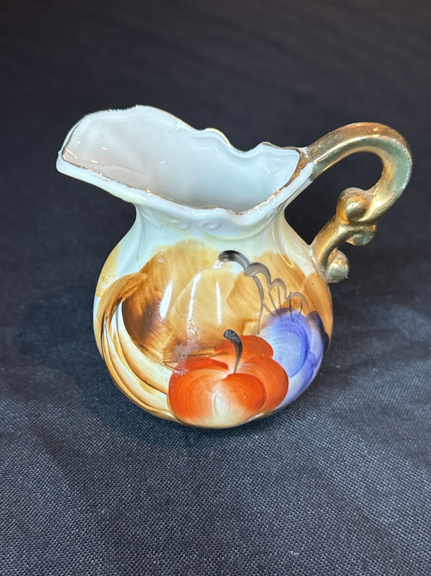 Vintage 1950s Artwork Hand Painted Porcelain Fruit Pitcher/Creamer with Saucer Gold Trim