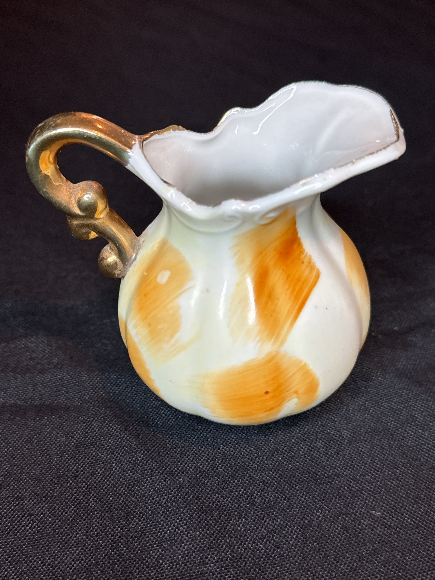 Vintage 1950s Artwork Hand Painted Porcelain Fruit Pitcher/Creamer with Saucer Gold Trim