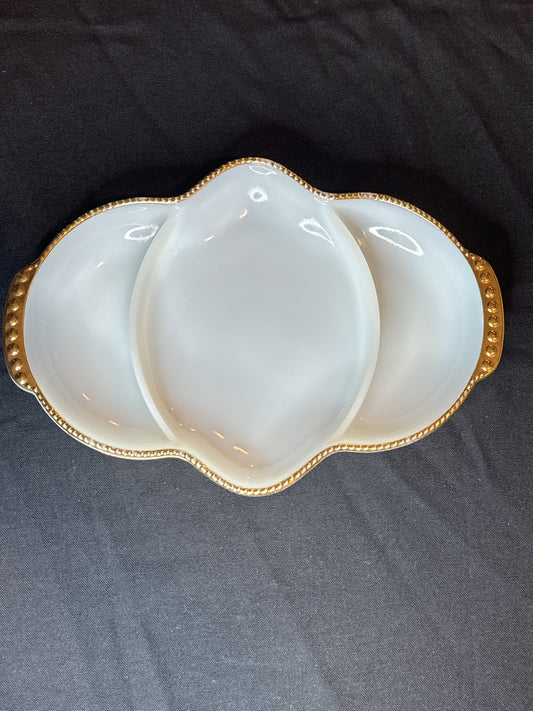 Vintage Fire King Oven Ware White Milk Glass Divided Serving Dish Gold Trim USA