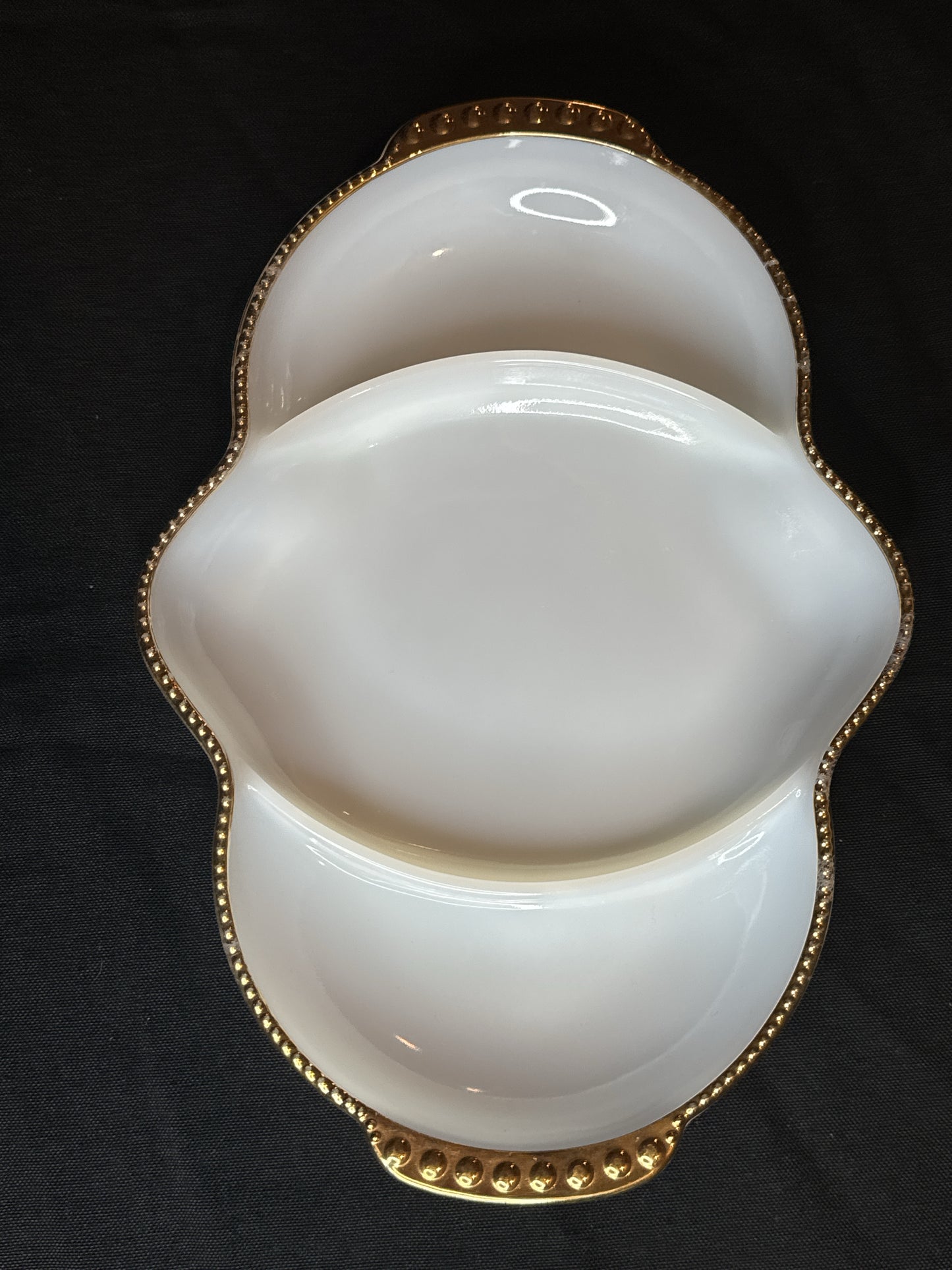 Vintage Fire King Oven Ware White Milk Glass Divided Serving Dish Gold Trim USA