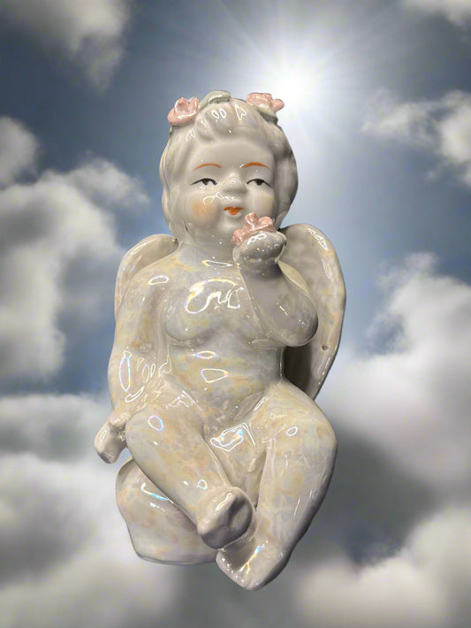 Sitting Angel w/ Pink Flowers & Shiny Iridescent Glaze 6" Tall
