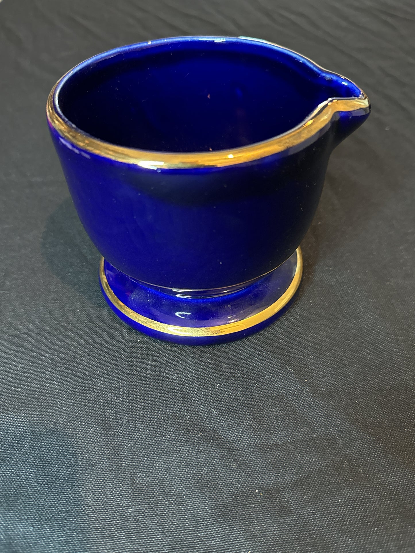 Large Blair Specialties Ceramic Mortar Cobalt Blue & Gilt 1960s 4.25" Tall